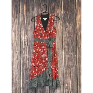Jonathan Martin Dress Womens 10 Red Floral Wrap Midi Ruffle Sleeveless Boho